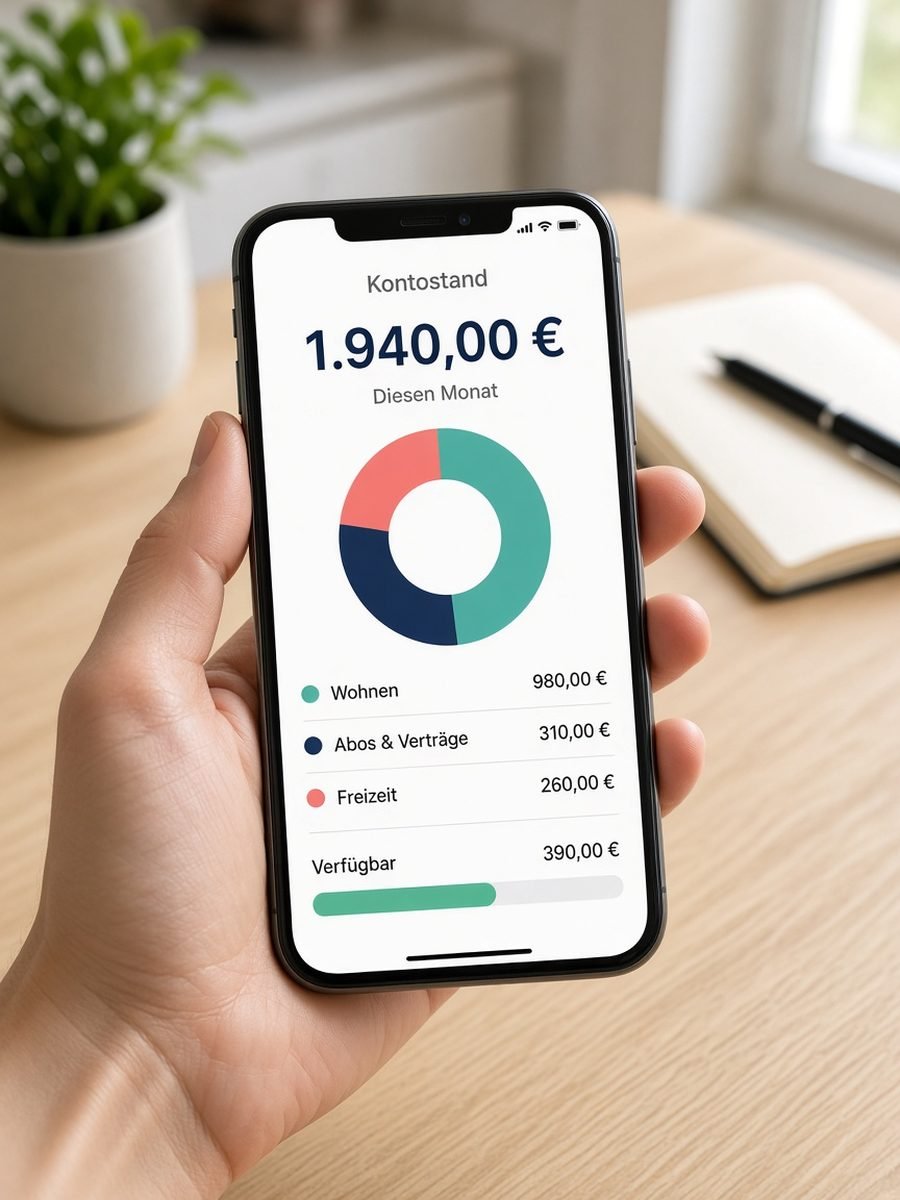 Smartphone in der Hand mit Beispiel-Oberfläche einer Budget-App: Kreisdiagramm der Ausgabenkategorien und Monatsbilanz